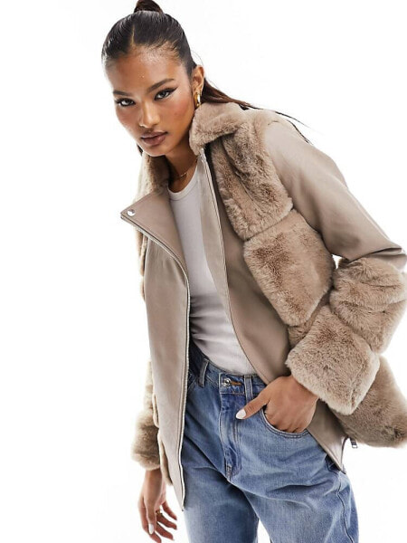 River Island faux fur panelled biker jacket in beige