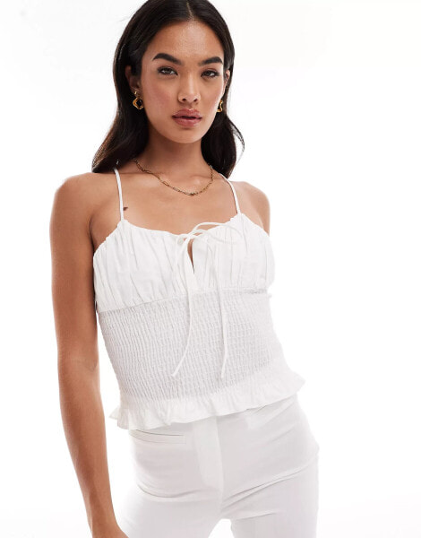 ASOS DESIGN poplin shirred cami top in ivory