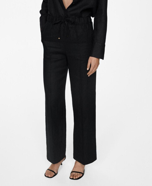 Women's Linen-Blend Elastic Waist Trousers