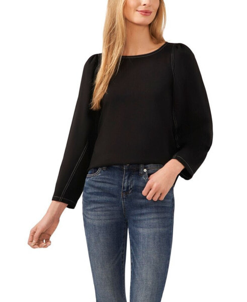 Women's Long Sleeve Puff Sleeve Blouse with Topstitching