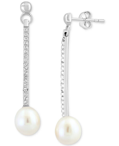 EFFY® Freshwater Pearl (7mm) & White Topaz (1/5 ct. t.w.) Linear Drop Earrings in Sterling Silver