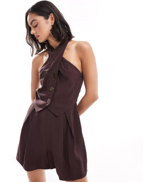 ASOS DESIGN twist neck button through playsuit in chocolate