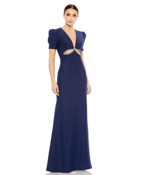 Women's Ieena Plunge Neck Puff Sleeve Cut Out Gown