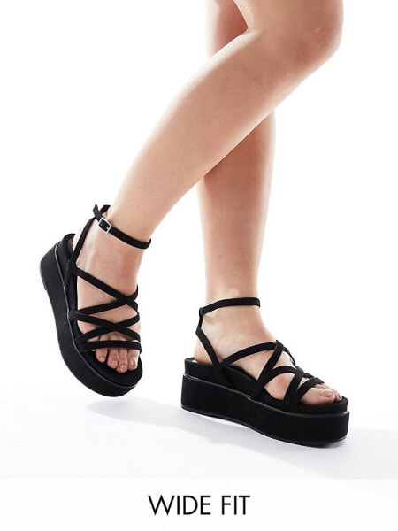 ASOS DESIGN Wide Fit Taurus 2 strappy flatform sandals in black