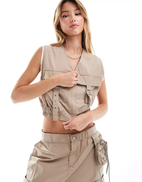 Mango zip through utility co-ord waistcoat in tan