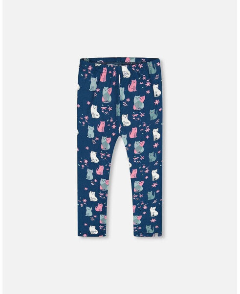 Toddler Girls Printed Leggings Navy Blue With Kitten - Toddler|Child