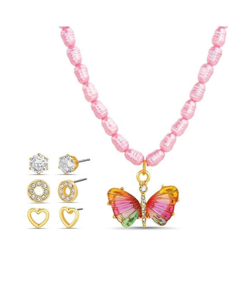 3 Piece Mixed Earring Set with Pearl Butterfly Pendant Necklace