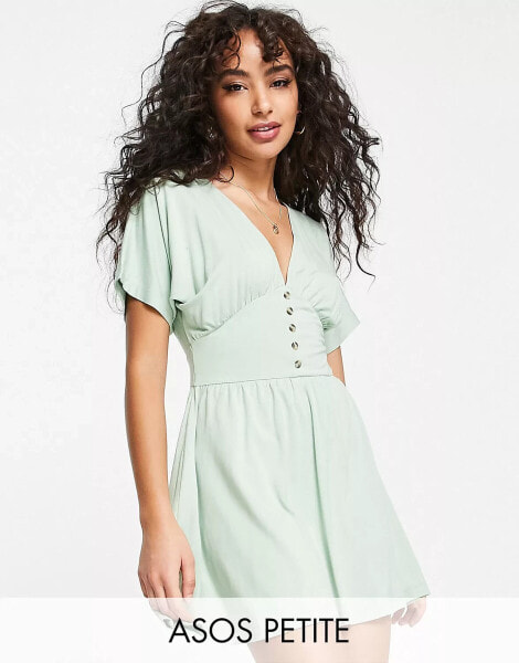 ASOS DESIGN Petite waisted mini tea dress with buttons in sage