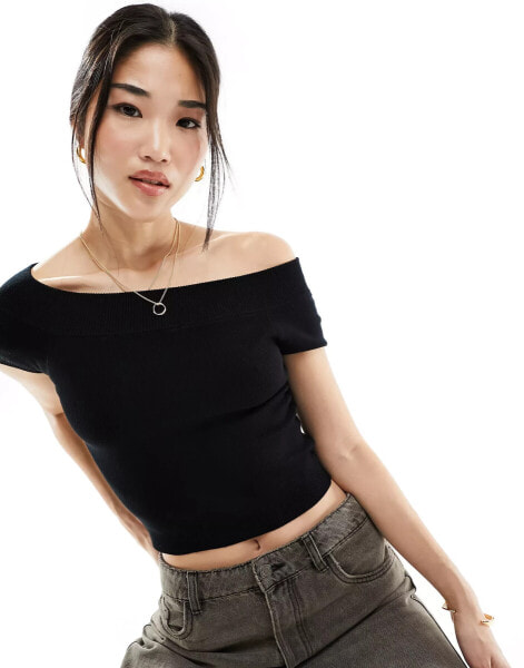 Cotton On off shoulder rib knit crop top black