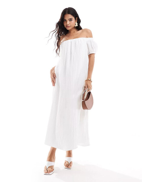 New Look crinkle bardot maxi dress in white