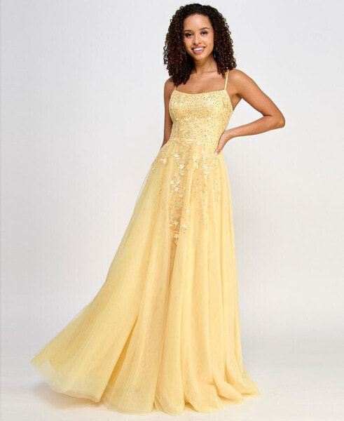 Juniors' Embellished Lace-Up Mesh Gown, Created for Macy's