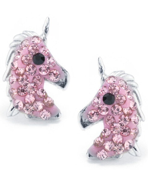 Pink Pave Crystal Unicorn Stud Earrings set in Sterling Silver