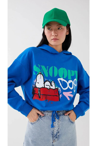 Kapüşonlu Snoopy Baskılı Uzun Kollu Kadın Sweatshirt