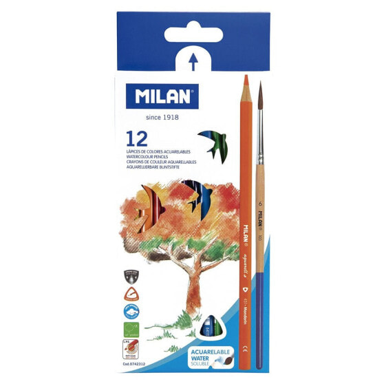 Цветные карандаши MILAN набор 12 цветов с водорастворимыми карандашами и кистью