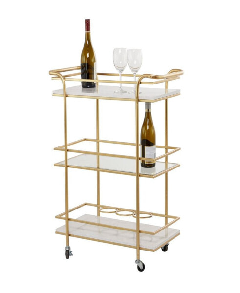 27" x 13" x 33" Marble Rolling 1 Glass and 2 Marble Shelves with Handles Bar Cart