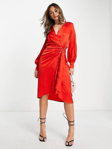 Never Fully Dressed tie waist satin midi dress in red