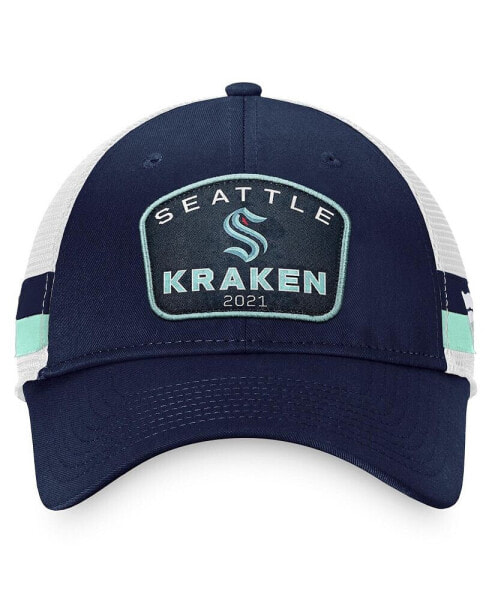 Men's Deep Sea Blue, White Seattle Kraken Fundamental Striped Trucker Adjustable Hat