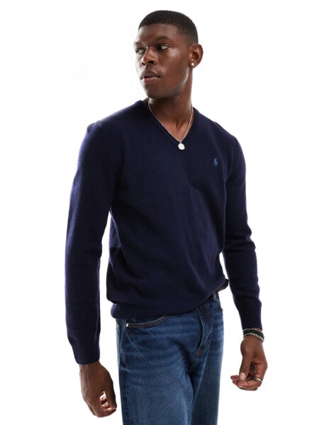 Polo Ralph Lauren icon logo v-neck heavyweight cotton knit jumper in navy