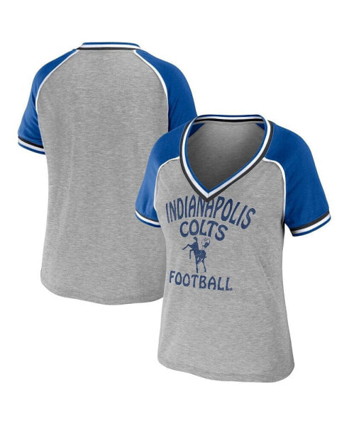 Women's Heather Gray Distressed Indianapolis Colts Throwback Raglan V-Neck T-shirt