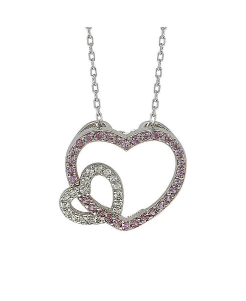 Pink Sapphire & Lab-Grown White Sapphire Double Heart Pendant Necklace in Sterling Silver by Suzy Levian