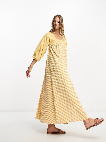 ASOS DESIGN broderie gingham mix midi dress in yellow