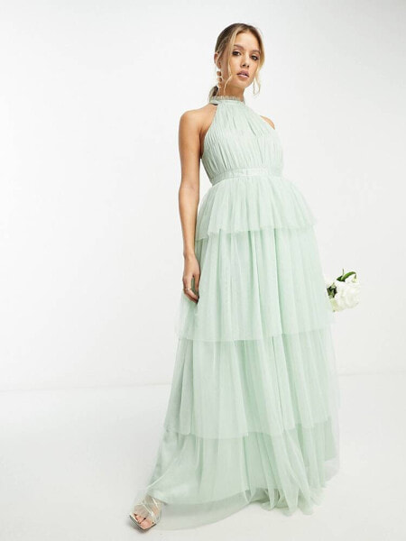 Vila Bridesmaid halterneck tulle maxi dress with tiered skirt in mint green