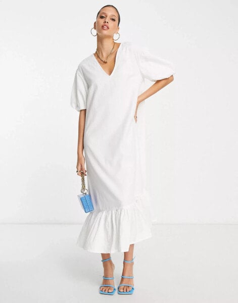 Pretty Lavish balloon sleeve smock midaxi dress in white