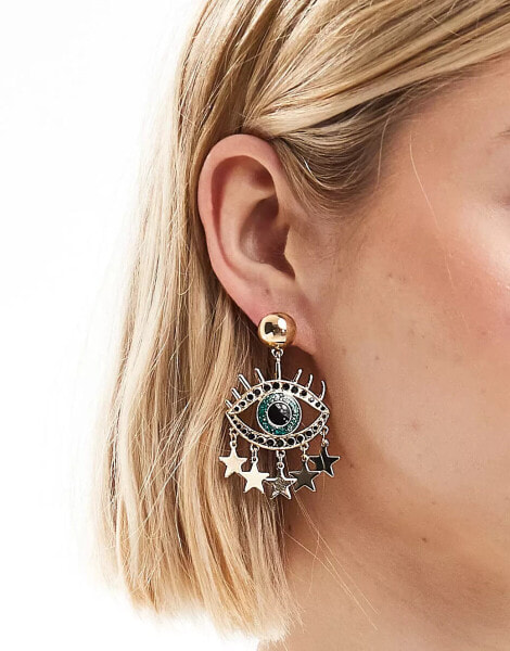 ASOS DESIGN drop earrings with eye and star detail in gold tone