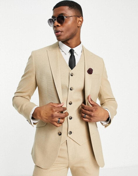 ASOS DESIGN wedding super skinny suit jacket in stone micro texture