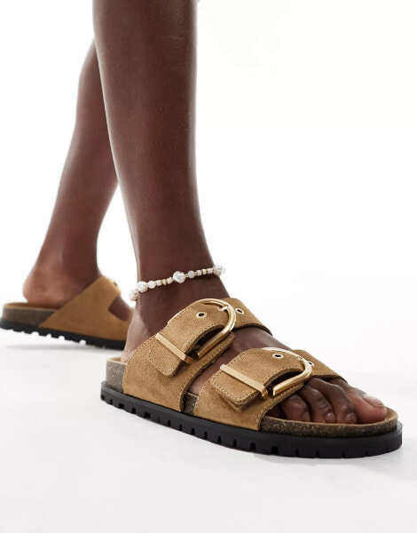 Stradivarius two strap buckle sandal in sand