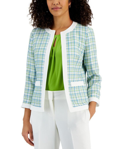 Women's Plaid Framed Open-Front 3/4-Sleeve Jacket