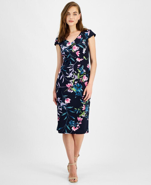 Women's Printed V-Neck Scuba Crepe Sheath Dress