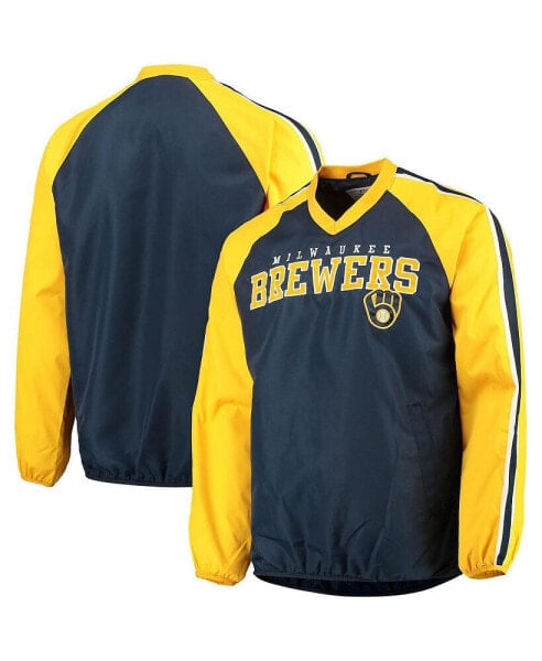 Men's Navy, Gold Milwaukee Brewers Kickoff Raglan V-Neck Pullover Jacket