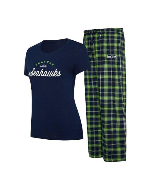 Women's College Navy, Neon Green Seattle Seahawks Arctic T-shirt and Flannel Pants Sleep Set