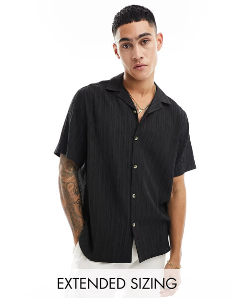 ASOS DESIGN relaxed revere crinkle texture shirt in black