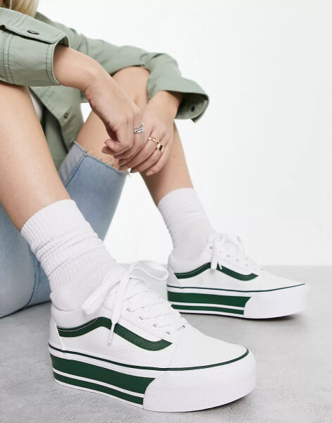 Vans Old Skool Stackform trainers in white with green sports stripes