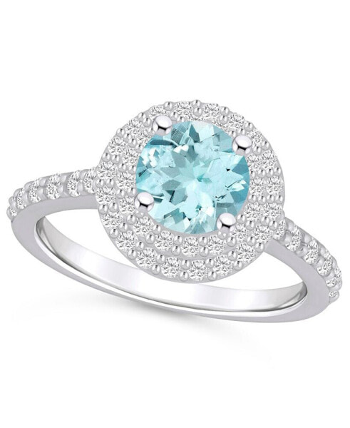 Aquamarine and Diamond Accent Halo Ring in 14K White Gold