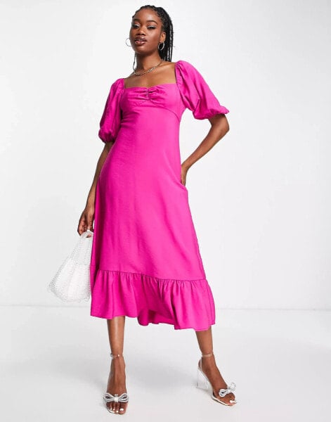 Nobody's Child Darcie puff sleeve midi dress in fuchsia