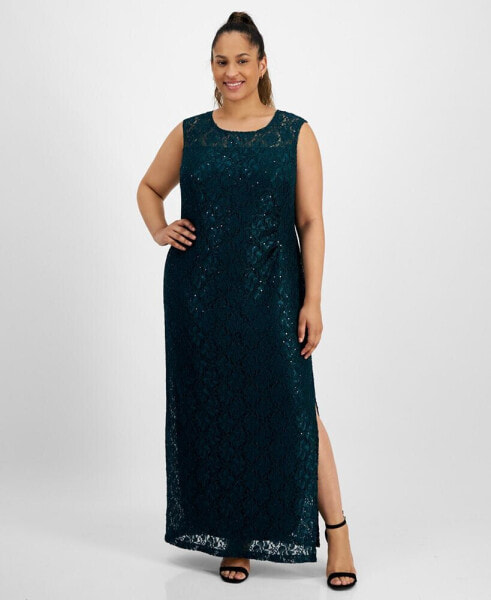 Plus Size Sequin Lace Boat-Neck Maxi Dress