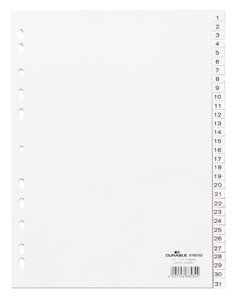 Durable 616002 - Numeric tab index - White - Portrait - A4 - 230 mm - 297 mm