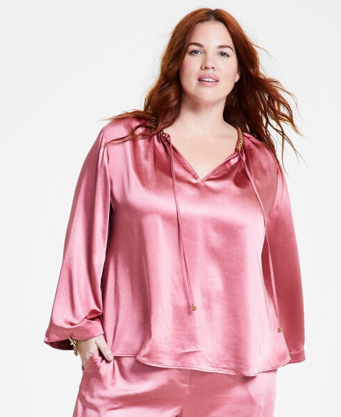Plus Size Chain-Neck Bell-Sleeve Satin Top