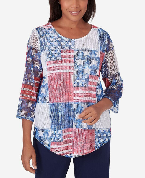 Women's All American Patchwork Flag Mesh Top with Necklace