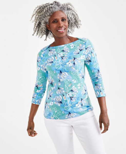Women's Pima Cotton Printed 3/4 Sleeve Boat-Neck Top, Created for Macy's