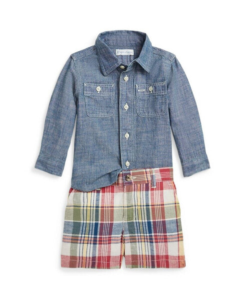 Baby Boys Cotton Chambray Shirt and Madras Short Set