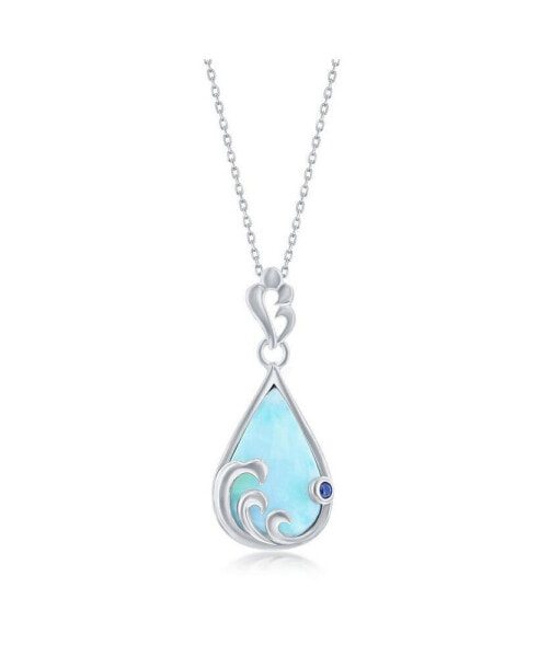 Sterling Silver Larimar & Blue CZ Pearshaped Wave Design Necklace