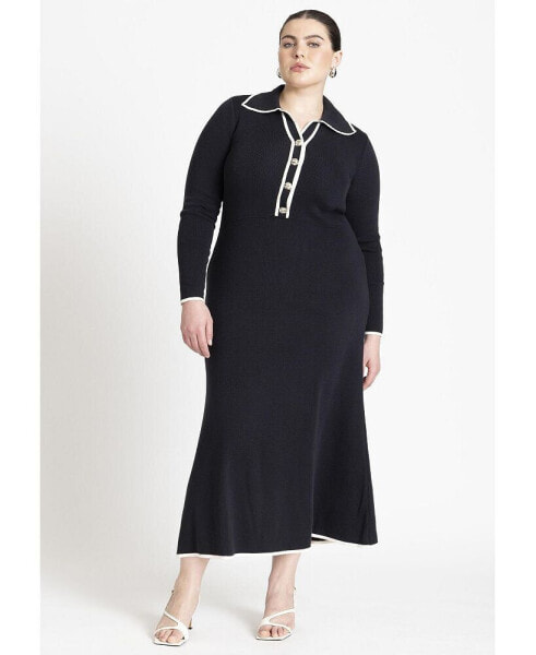Plus Size Ribbed Sweater Dress With Collar - 26/28, Black Onyx