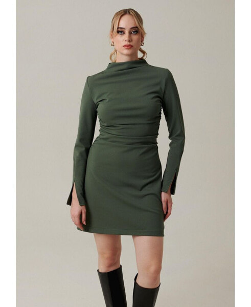 Women's Long sleeve & comfortable mini dress with pleated details near waistline, slits on sleeves