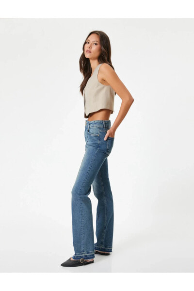Nervürlü İspanyol Paça Kot Pantolon Dar Kesim Cepli - Victoria Slim Flare Jeans