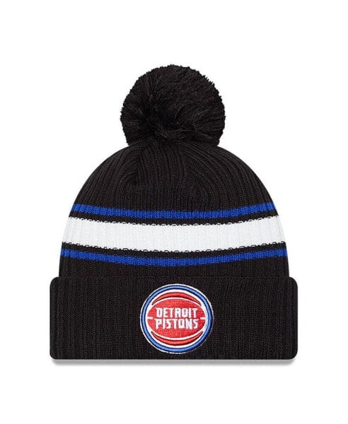 Men's Black Detroit Pistons White Stripe Cuffed Pom Knit Hat