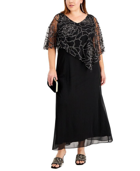 Plus Size Asymmetrical Glitter Cape Gown